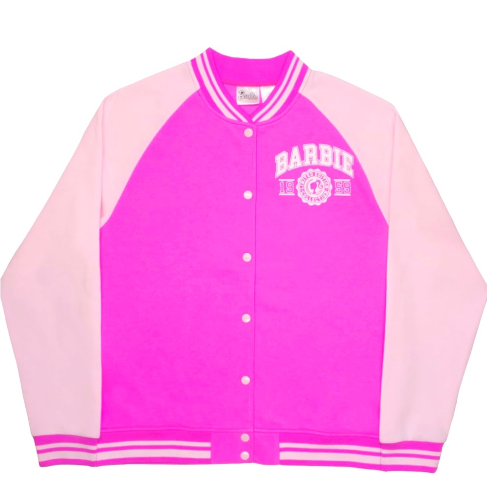Barbie Collegiate Logo Let’s Go adult Bomber Jacket, Button-Down Varsity Jacket